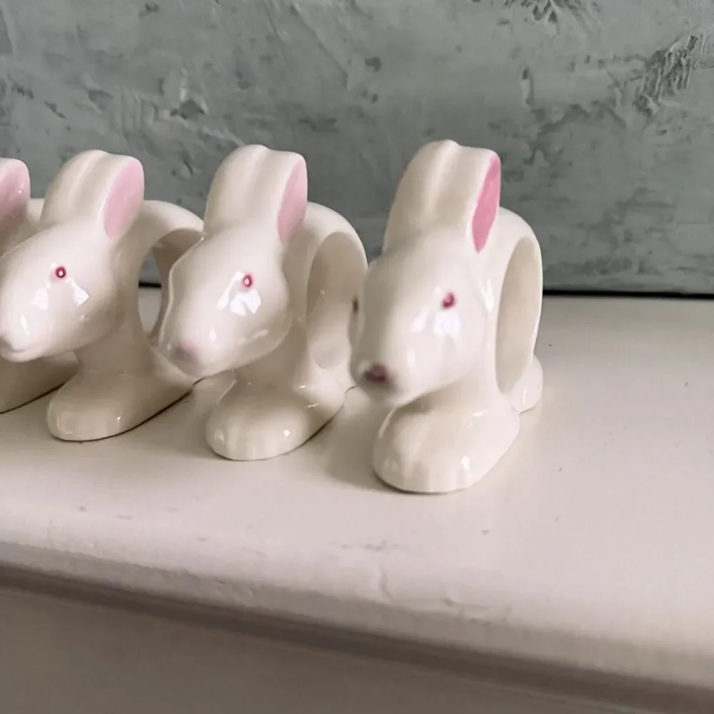 Vintage Japan White Bunny Rabbit Napkin Rings Ceramic Porcelain Easter Set Of 4